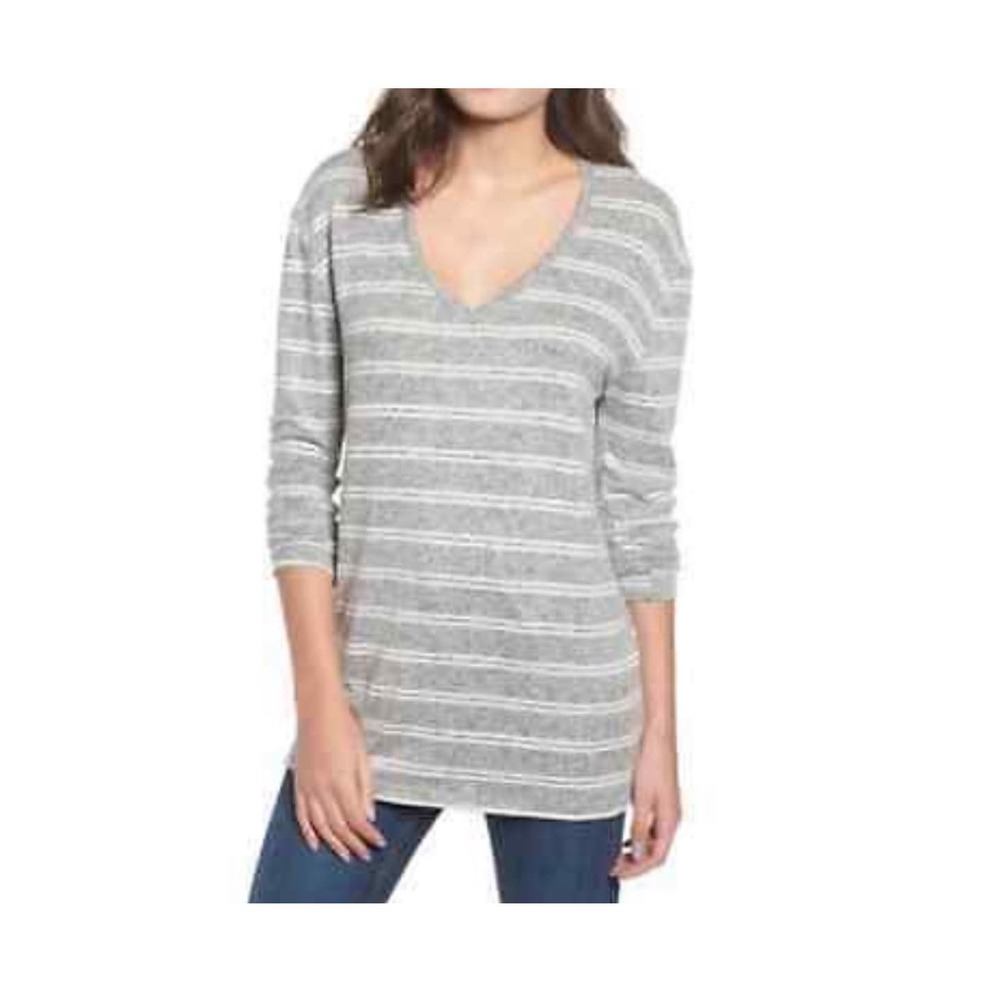 Nordstrom BP Gray & White Stripe V-Neck Sweater Medium